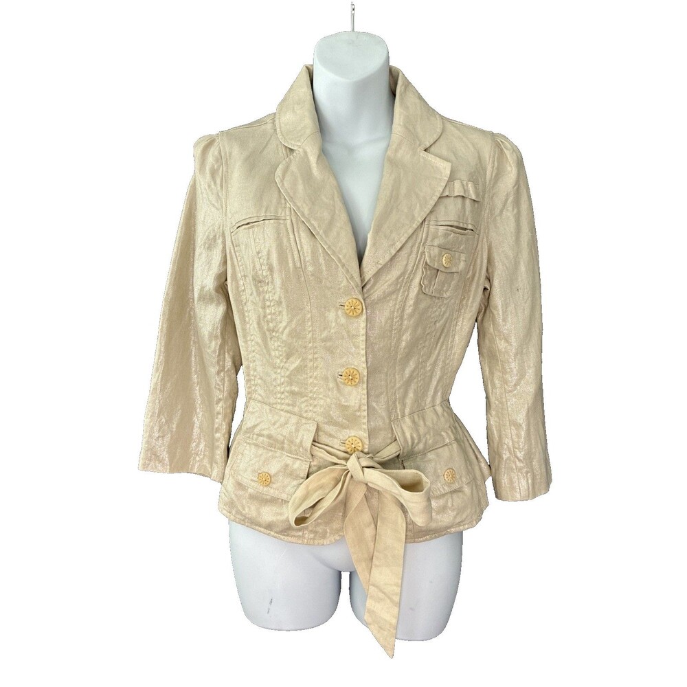 Intuitions Linen Peplum Blazer Jacket Sz 8 Metallic Gold Coated Beige Boho Chic